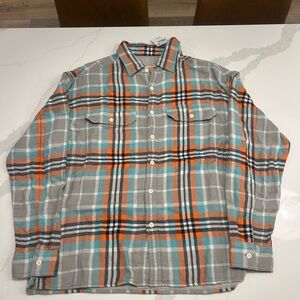 American Eagle Outfitters Men's Plaid Shirt in Gray, Orange, and Blue